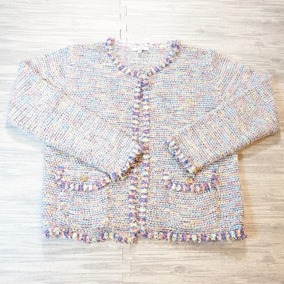Sioni Colorful Tweed Boucle Textured Cardigan Open Front Sweater Blazer L - Picture 3 of 10